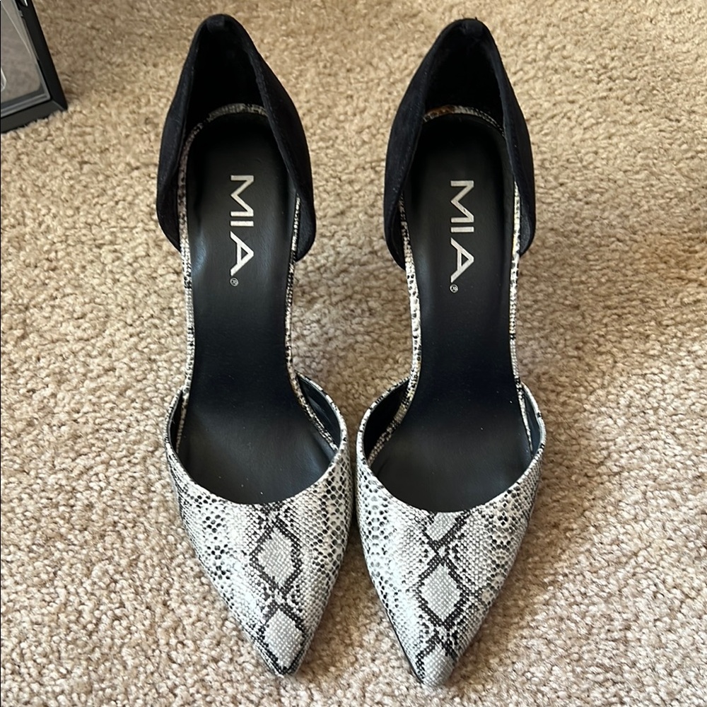 MIA Black and White Snakeskin d'Orsay Heels